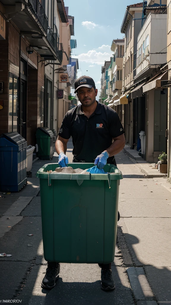 8k, RAW photo, best quality, masterpiece,realistic, photo-realistic, HDR, Create an AI-generated image depicting a garbage collector working in a city environment, emptying bins and keeping streets clean.