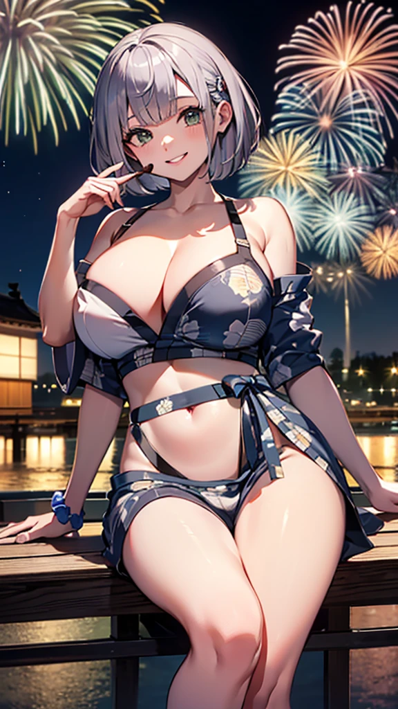 (Highest quality、masterpiece、Super detailed,8K),(Silver braided short bob),(yukata、Soft curves、Large Breasts、A fascinating body)、Summer festivities,stall,Detailed Background、night、night景、(Colorful lights),(Eat chocolate banana),(happy Smile)、firework