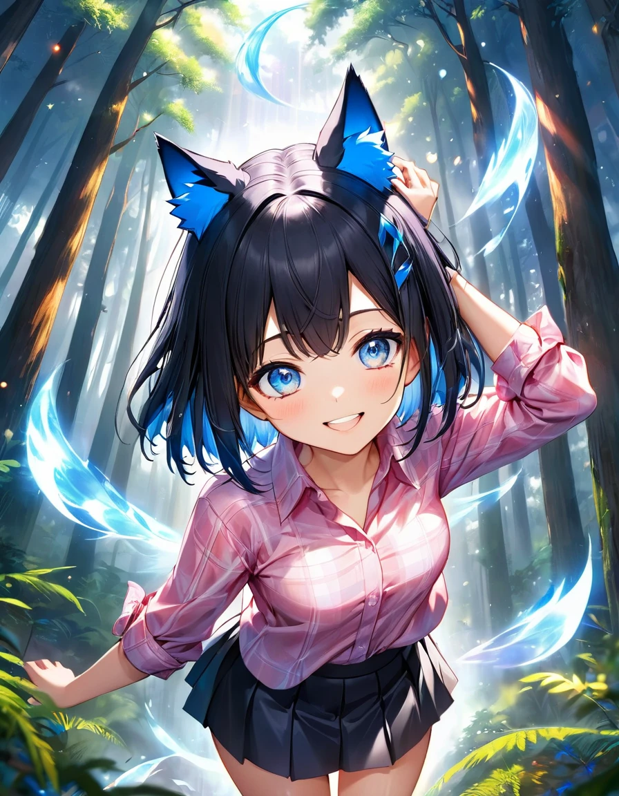 High angle view of an exuberant girl Sasuke com asas pink brilhantes, her bob cut black hair adorned with shiny bangs and eyes sparkling with blue magic, smile revealing the joy of her soul, wearing a flannel shirt and skirt, her head crowned with playful wolf ears, standing amidst an enchantingly mystical forest, envision this scene as anime created in the style of a digital oil painting, lights gently seeping through the cinematic mist and splayed across this eth