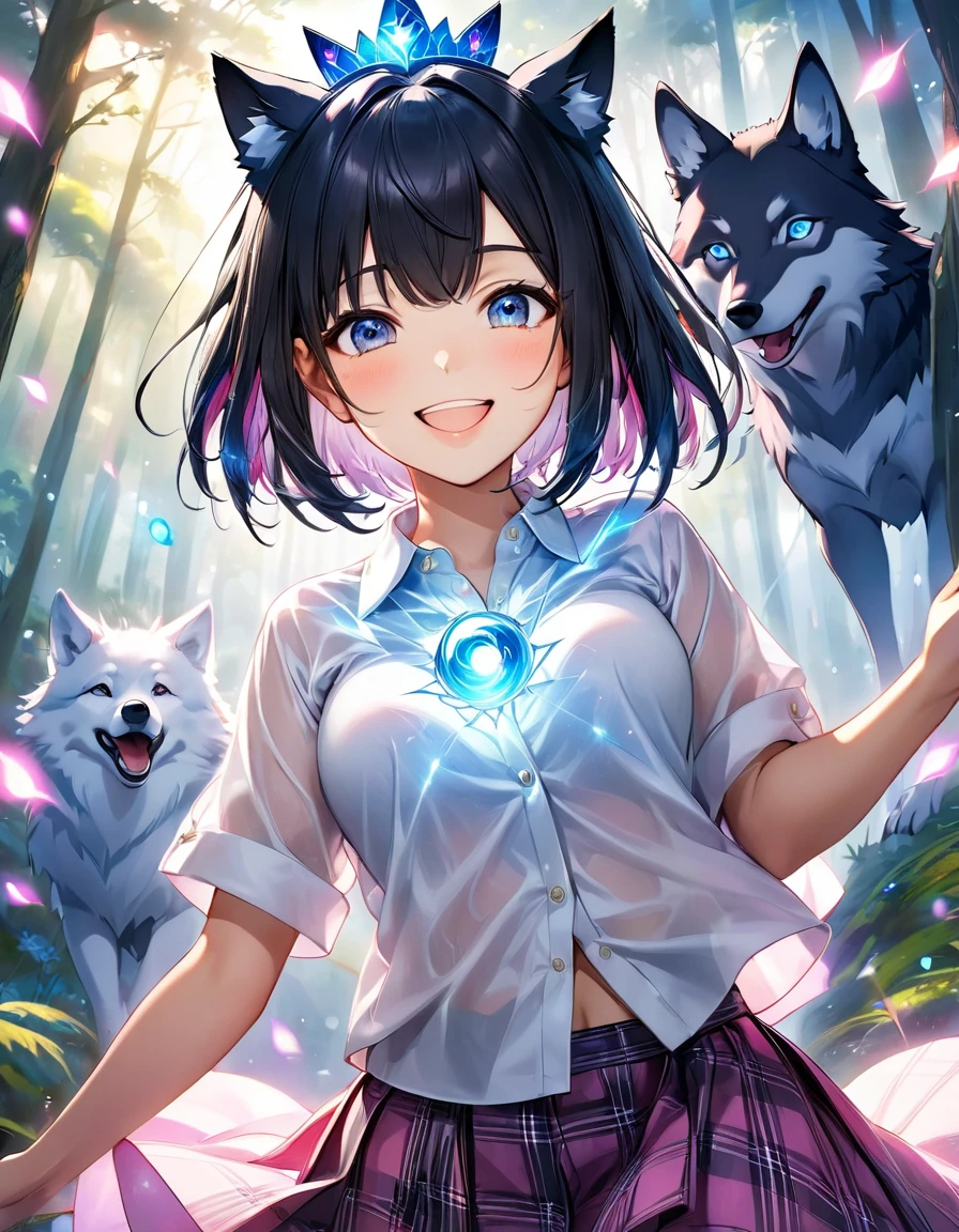 High angle view of an exuberant girl Sasuke com asas pink brilhantes, her bob cut black hair adorned with shiny bangs and eyes sparkling with blue magic, smile revealing the joy of her soul, wearing a flannel shirt and skirt, her head crowned with playful wolf ears, standing amidst an enchantingly mystical forest, envision this scene as anime created in the style of a digital oil painting, lights gently seeping through the cinematic mist and splayed across this eth