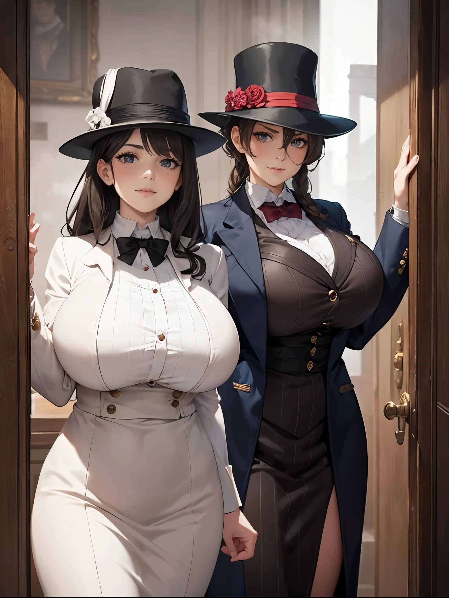 Sherlock Holmes lady & Watson lady: Two ladies dive into the world of deduction and adventure, infiltrating the hideout of villains. Baker Street, London,Sherlock lady with huge breasts, dressed in a brown color check patern frock coat and check patern hat, stands side by side with Watson lady with huge huge huge breasts, wearing a white formal suit. Gentle elegance and wild smile amidst wind-blown mist, as they ponder mystery's secrets. Real faces, real bodies, and a real background of Victorian-era London, set the tone for a masterpiece.