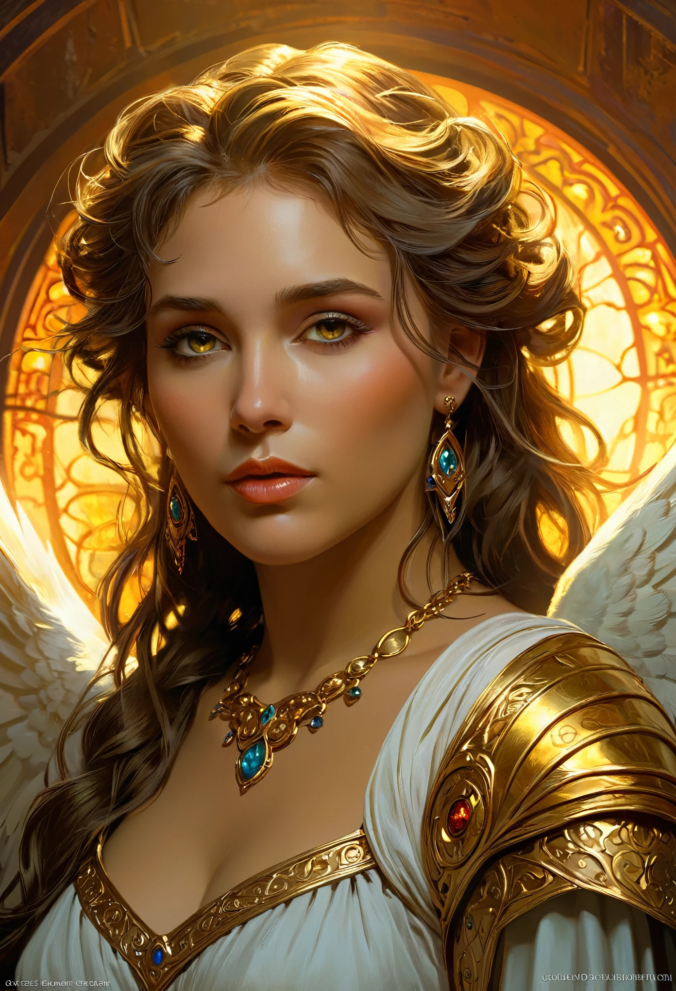 a beautiful angel, closeup portrait, intricate, elegant, extremely detailed, digital painting, art station, concept art, smooth, sharp focus, fantasy, dungeons and dragons, detailed face, alphonse mucha art style, greg rutkowski art style, vivid colors, dramatic lighting, cinematic, photorealistic, golden eyes,