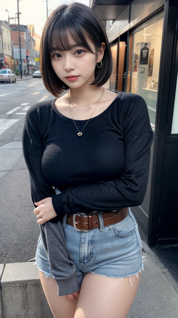 masterpiece, best quality, illustration, Super detailed, fine details, High resolution, 8K,wall paper, perfect dynamic composition, full body photo, leaning forward, crossed arms, (Details High quality, realistic depiction of eyes:1.3), 20 year old girl, Gravure Idol, cute type, large breasts, Colossal tits, short bob hair, black hair color, Korean style makeup, Big Natural Color Lip, thick thighs, perfect body shape, plump figure, champion gray sweatshirt, denim short pants, Leather belt, necklace, earrings