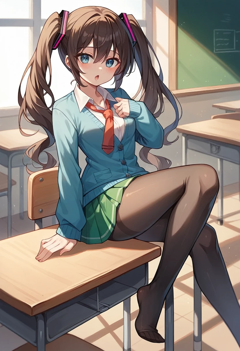 Tabletop, Highest quality, (Highly Detailed CG Unity 8K Wallpaper) (Highest quality), (Best illustrations), (Best Shadow), miku nakano, Brown Hair, blue eyes, classroom, Beautiful attention to detail, View your viewers,((Blue cardigan)),((Very short green pleated mini skirt)),((Black Pantyhose)),Medium Chest, heart,Highest quality,girl,Ahegao,Medium Chest,Browsing Caution,nude,pubic hair,Nipple piercing,Please put your feet up,facial,excess ,Spread,Uterus