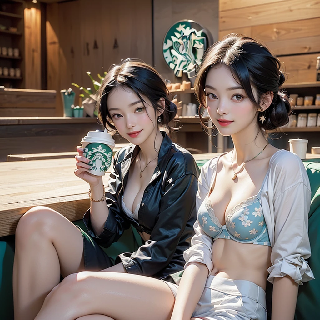 ((((Inside the Starbucks store))))、24-year-old office lady in a miniskirt suit、((Eat cake、Drink coffee))、smile、Heart Necklace、Gold bracelet
((Woman sitting at the window seat))
(((Emphasize cleavage)))
(((A floral white and blue bra is visible.)))
((((Dark eye makeup))))