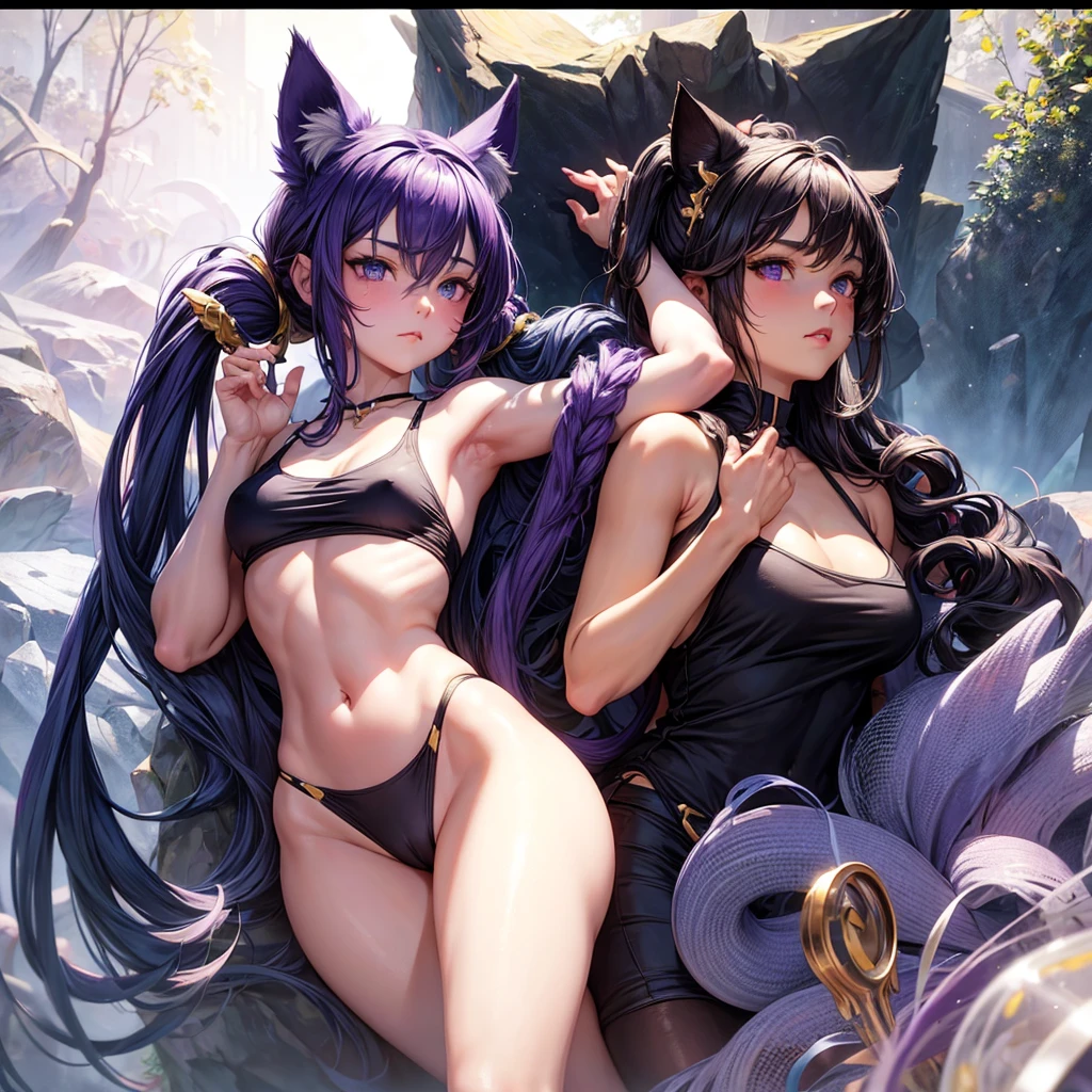 Realistic poster portrait of Masnya, (Purple skin color:1.1), Cat ear, alone, Jeremy Lipking, William Bouguereau, (Alphonse Mucha:0.5), By d-art , SFW Dark blue hair girl, Cat ears and tail, Wearing a tank top and racing pants. body type Twin tails Female genitalia is visible Detailed depiction of female genitalia Flat Chest Stern expression With legs apart