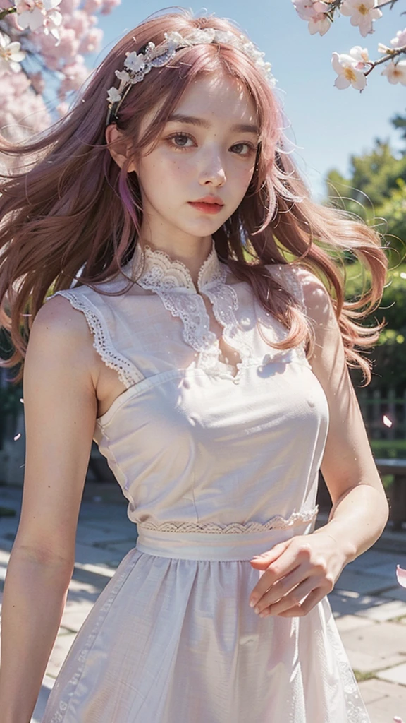 (CG unity 8k wallpaper extremely detailed) (better quality) (better lighting) (an extremely delicate and beautiful) (floating) (beautiful) (spring atmosphere) (1girl) (long pink hair), (hair headband), (detailed and beautiful blue eyes), ((very short white dress, pink lace underside), (lace), ((light transparent silk))), (cherry blossom petals), (butterflies), (dof), (volumetric light) cinematic lighting, chromatic aberration, Sony FE GM, textured skin, high details, highres, 8k