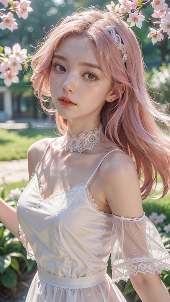 (CG unity 8k wallpaper extremely detailed) (better quality) (better lighting) (an extremely delicate and beautiful) (floating) (beautiful) (spring atmosphere) (1girl) (long pink hair), (hair headband), (detailed and beautiful blue eyes), ((very short white dress, pink lace underside), (lace), ((light transparent silk))), (cherry blossom petals), (butterflies), (dof), (volumetric light) cinematic lighting, chromatic aberration, Sony FE GM, textured skin, high details, highres, 8k