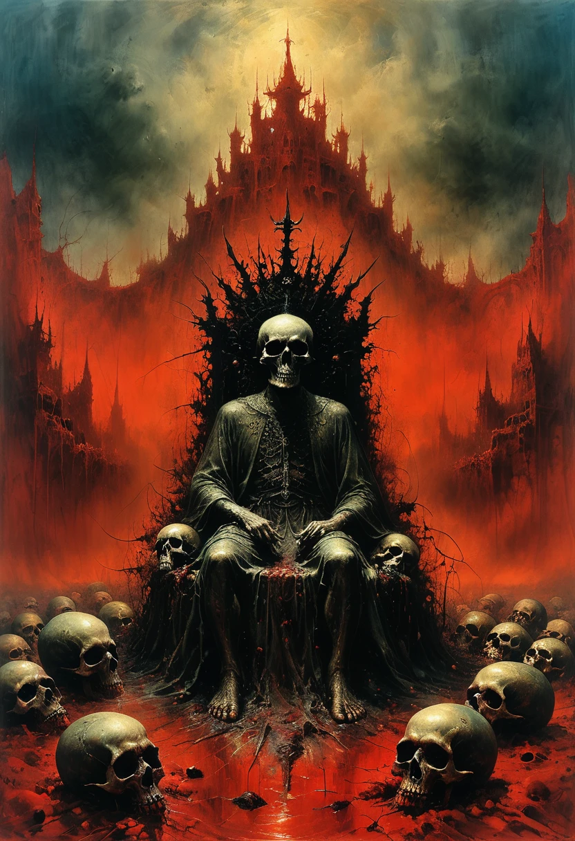 A painting,The throne is on a pile of skulls, Disturbing, crawl, gloomy, rotten, Blood rushes like a river,High saturation by zdzislaw beksinski