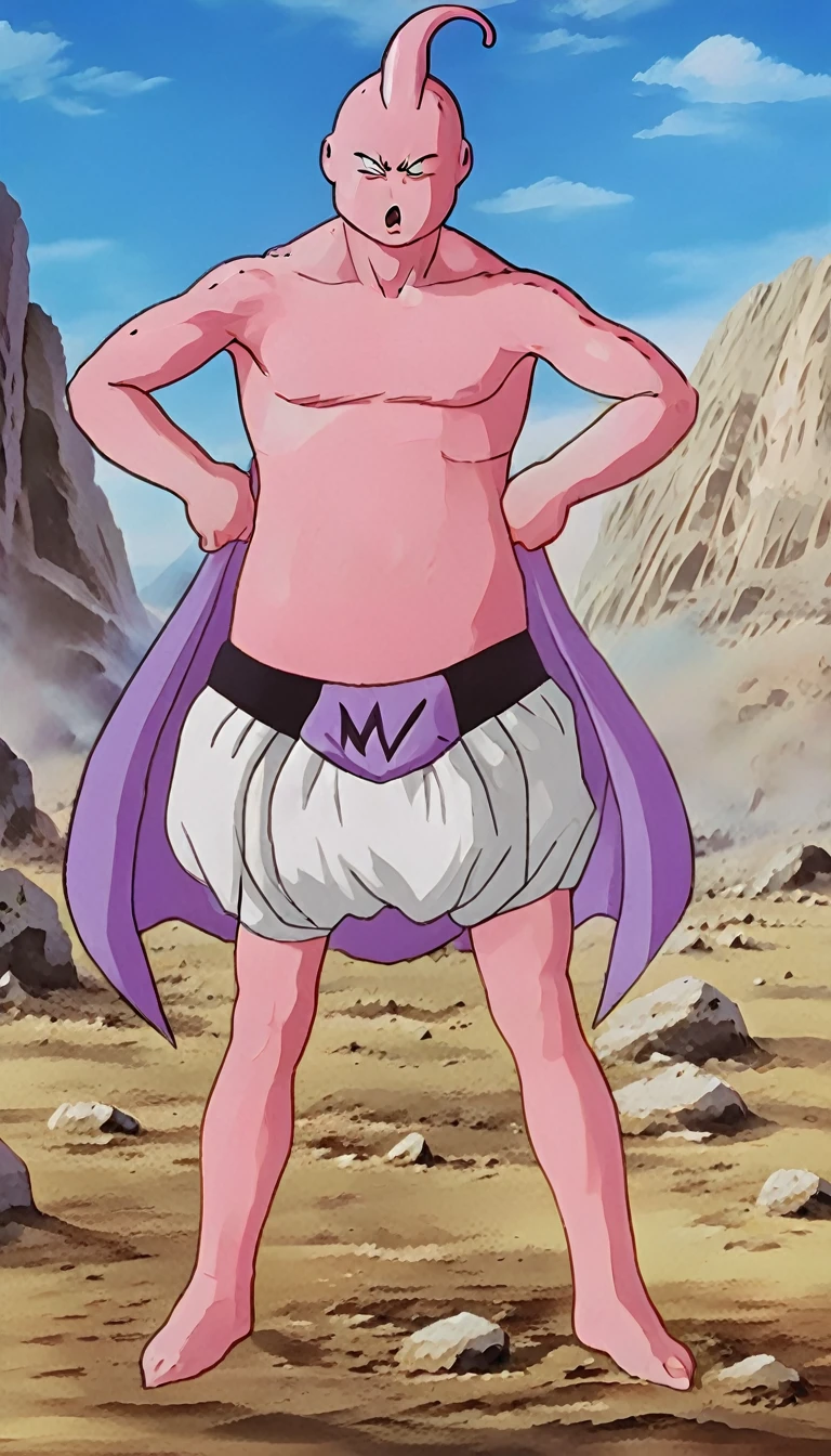 solo, majin buu,short, (nude:2.5),(angry:2),fighting_stance,in wasteland,destroyed rock,(soft shading), 4k, hi res, ((detailed face, (detailed eyes:1.0), detailed)), (full body), looking at viewer, 1boy, upper body, male focus,nude,(bare_legs:1.5),(topless:1.5),( shirtless:2.5),torn clothes,bare pectorals, fighting stance,