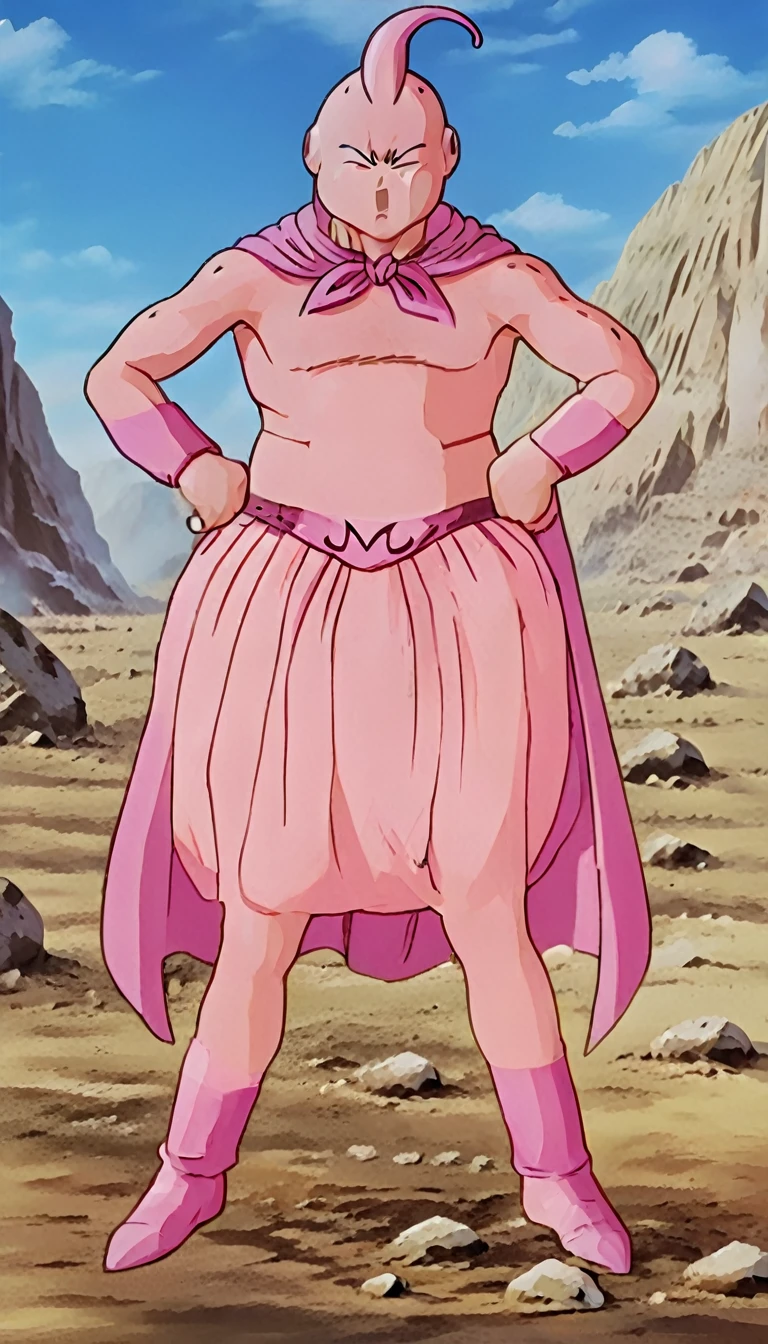 solo, majin buu,short, (nude:2.5),(angry:2),fighting_stance,in wasteland,destroyed rock,(soft shading), 4k, hi res, ((detailed face, (detailed eyes:1.0), detailed)), (full body), looking at viewer, 1boy, upper body, male focus,nude,(bare_legs:1.5),(topless:1.5),( shirtless:2.5),torn clothes,bare pectorals, fighting stance,