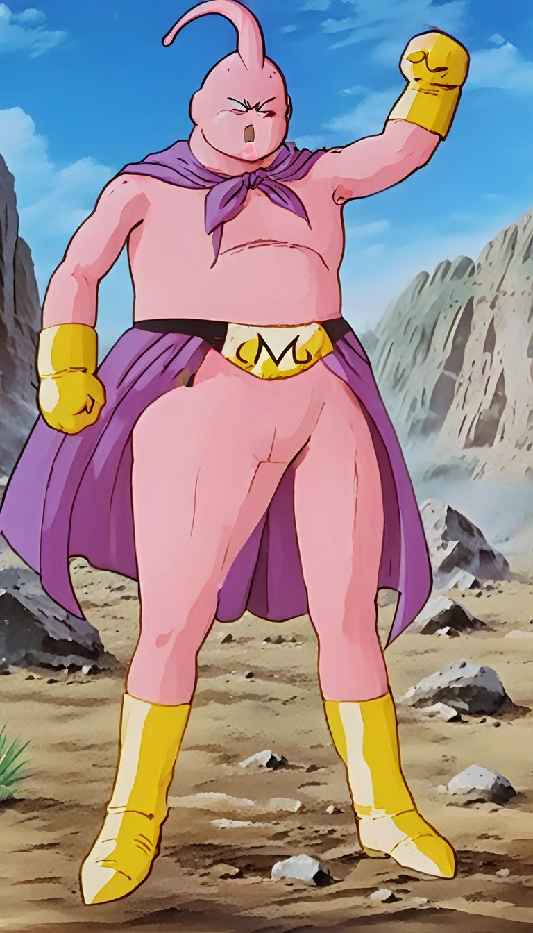 solo, majin buu,short, (nude:2.5),(angry:2),fighting_stance,in wasteland,destroyed rock,(soft shading), 4k, hi res, ((detailed face, (detailed eyes:1.0), detailed)), (full body), looking at viewer, 1boy, upper body, male focus,nude,(bare_legs:1.5),(topless:1.5),( shirtless:2.5),torn clothes,bare pectorals, fighting stance,