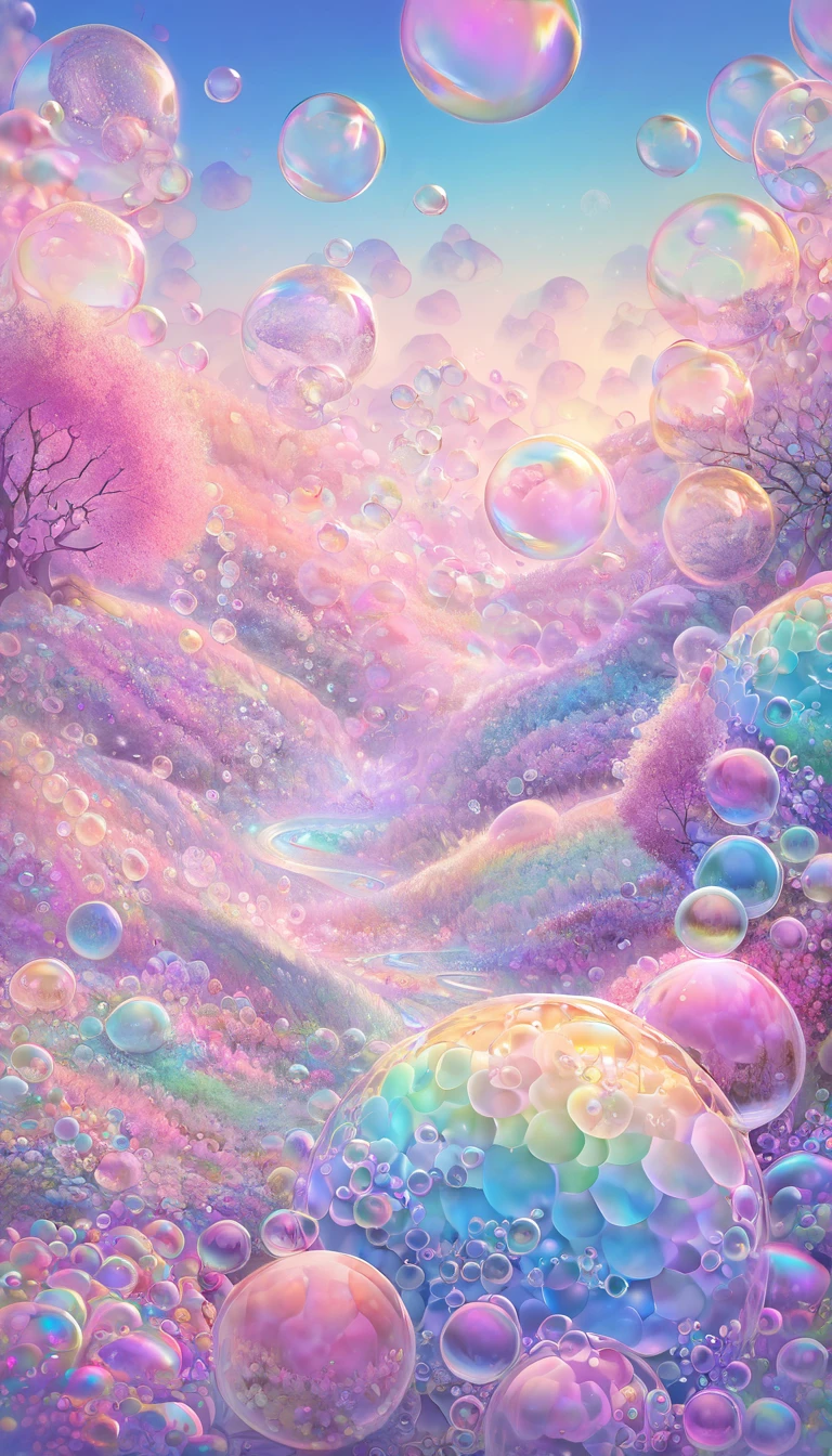 best quality, super fine, 16k, incredibly absurdres, extremely detailed, delicate and dynamic, dream world, pastel-colored, fluffy, iridescent soap bubbles that look like sweets. no humans landscape