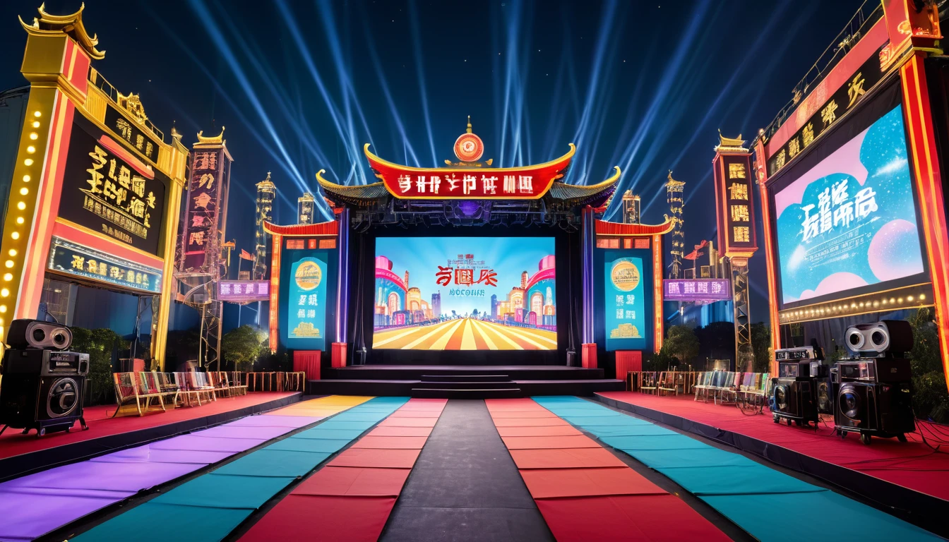 The outdoor movie award stage design integrates film nostalgia and Shanghai's retro style. The stage is adorned with movie projectors and retro decorations. In front of the stage, there stands an LED screen embellished with movie projectors, film reels, and colorful lights.