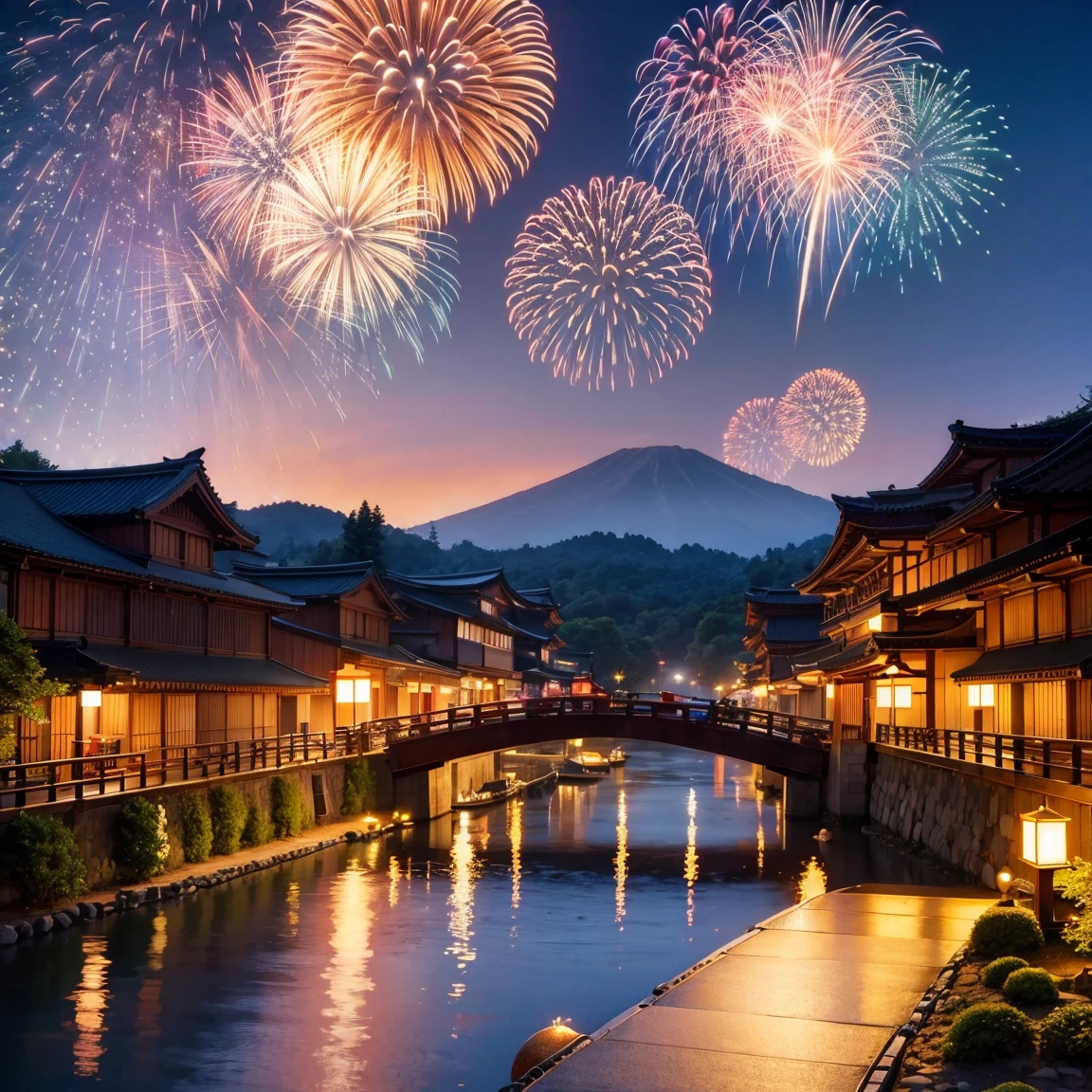 Japan, summer festival, fireworks, big bridge, river