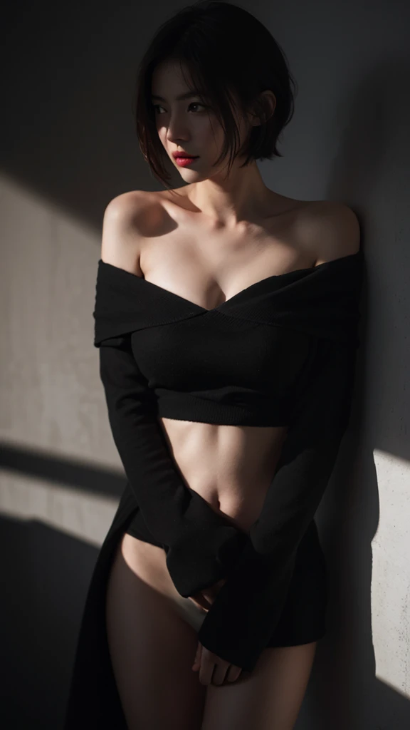 Best quality, masterpiece, ultra high res, (photorealistic:1.5), raw photo, 1girl, offshoulder, in the dark, deep shadow, low key, cold light, y look, short hair