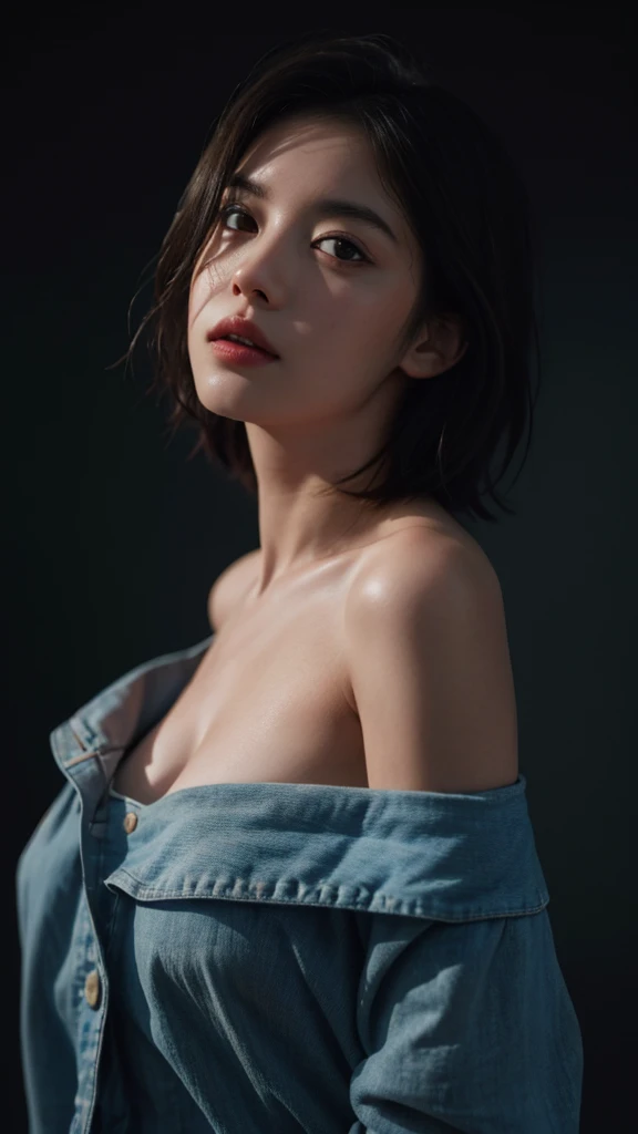 Best quality, masterpiece, ultra high res, (photorealistic:1.5), raw photo, 1girl, offshoulder, in the dark, deep shadow, low key, cold light, sexy look, short hair