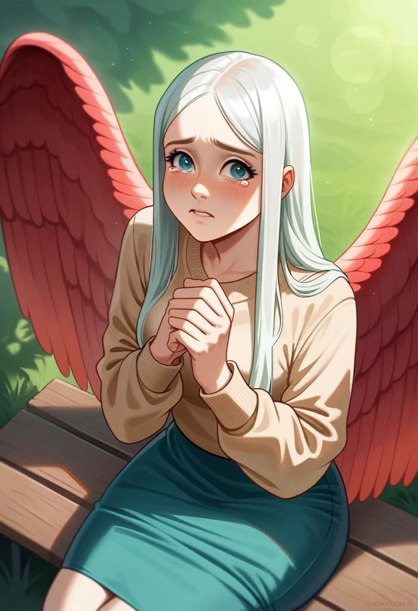 (A girl:1.3), pose sexy, The body is thin, with bright red wings
(realisitic:1.4), (work of art, highest quallity, highest quallity, offcial art), very detailled, More Detailed, (super verbose), ((Very delicate and beautiful)), cinematic light, (realisitically:1.3),
(highly detailed skin:1.2), high resolution, 8K UHD, 4K, 8K, bokeh,
Single Lens Reflex Digital Camera, absurdrez, Ideal Ratio of Four Fingers to One Thumb,
Wood々In a park with,sitting on a bench,
((long silky hair)), (chestnut hair), tears,
beautiful face, face perfect, highly detailed beautiful face,
cute, shy,blush,
dynamic angle, From above,See your viewers,
wearing a brown sweater,overskirt