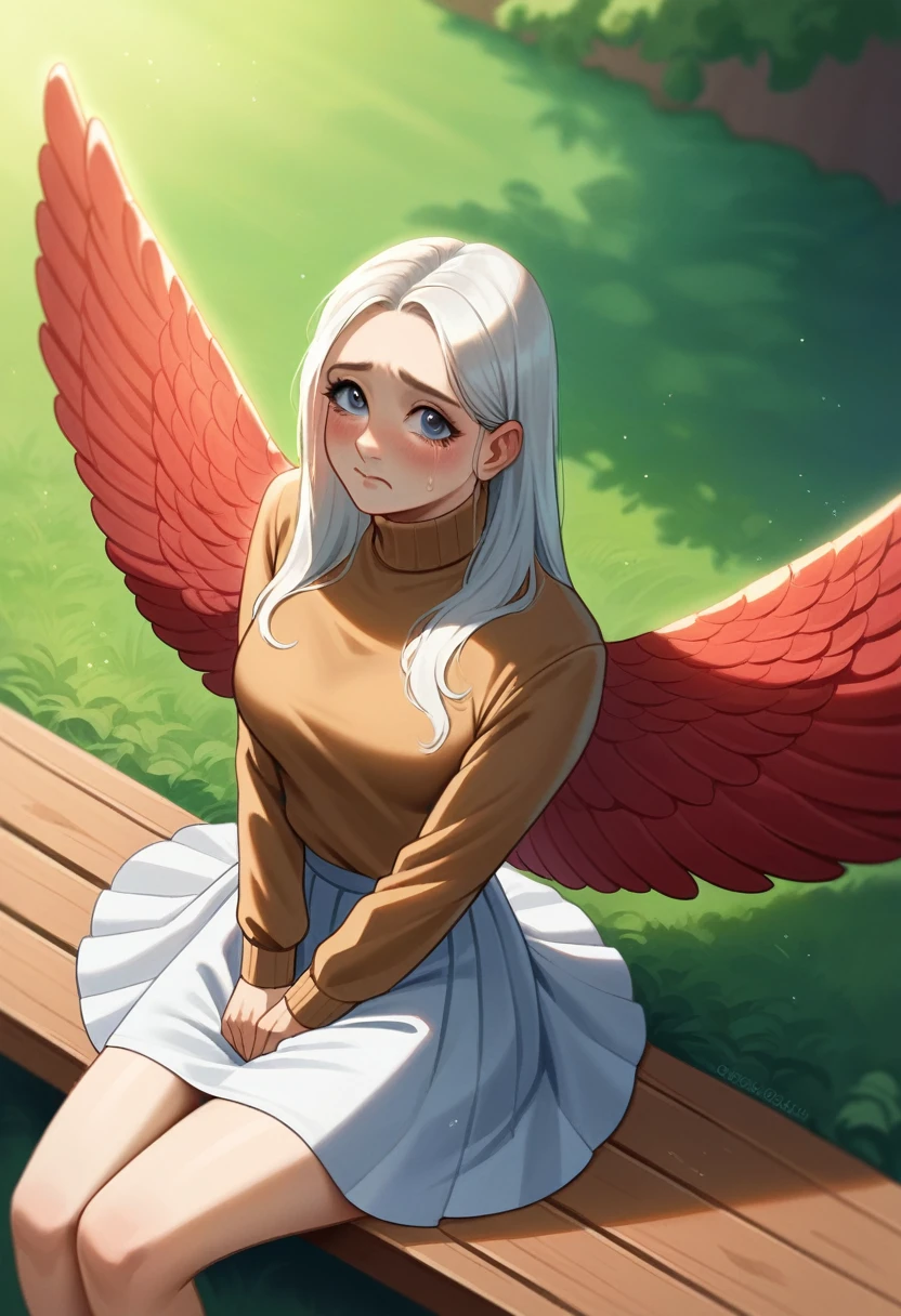 (A girl:1.3), pose sexy, The body is thin, with bright red wings
(realisitic:1.4), (work of art, highest quallity, highest quallity, offcial art), very detailled, More Detailed, (super verbose), ((Very delicate and beautiful)), cinematic light, (realisitically:1.3),
(highly detailed skin:1.2), high resolution, 8K UHD, 4K, 8K, bokeh,
Single Lens Reflex Digital Camera, absurdrez, Ideal Ratio of Four Fingers to One Thumb,
Wood々In a park with,sitting on a bench,
((long silky hair)), (chestnut hair), tears,
beautiful face, face perfect, highly detailed beautiful face,
cute, shy,blush,
dynamic angle, From above,See your viewers,
wearing a brown sweater,overskirt