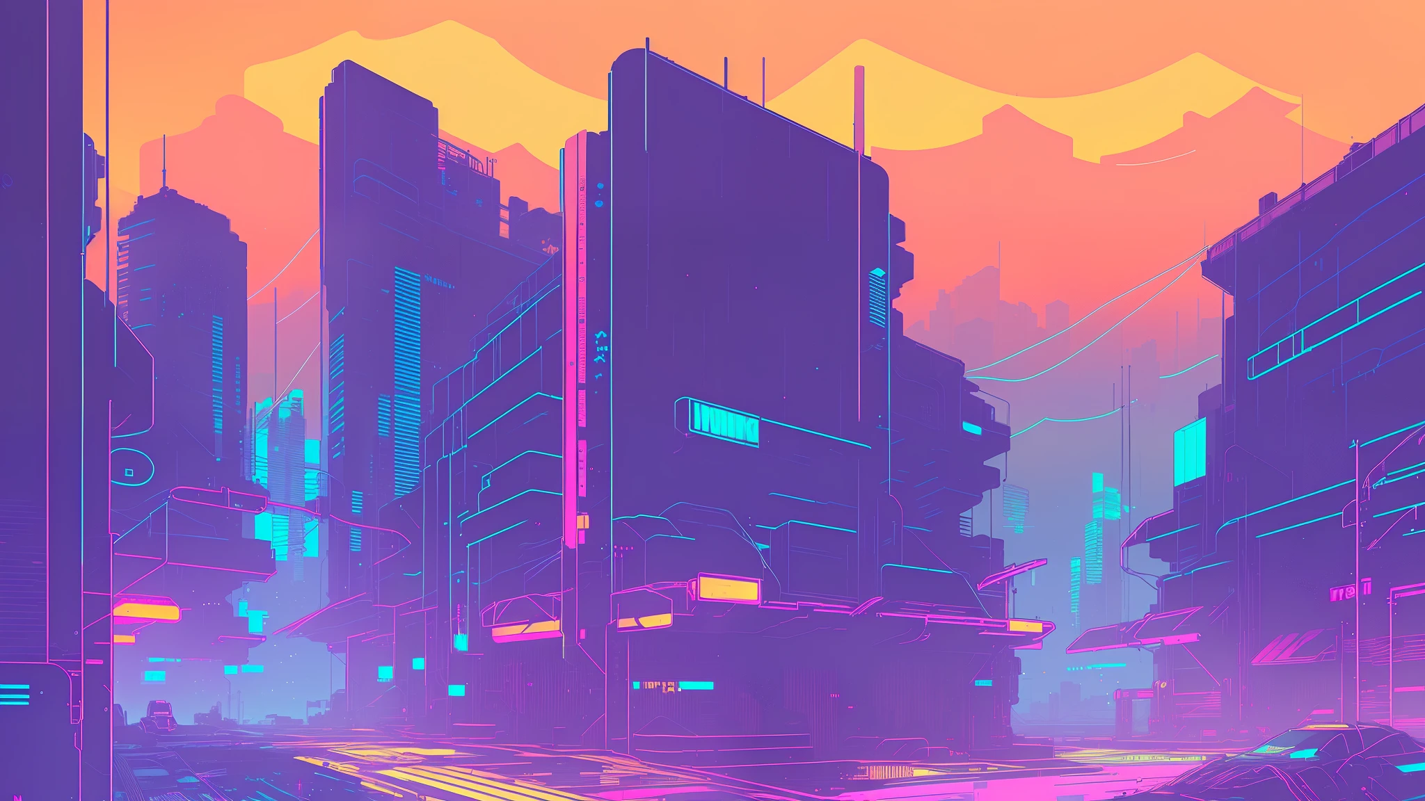 (nvinkpunk:1.2) SNTHWVE STYLE ,Streetscape、Light Wave, sunset, Complex, Very detailed