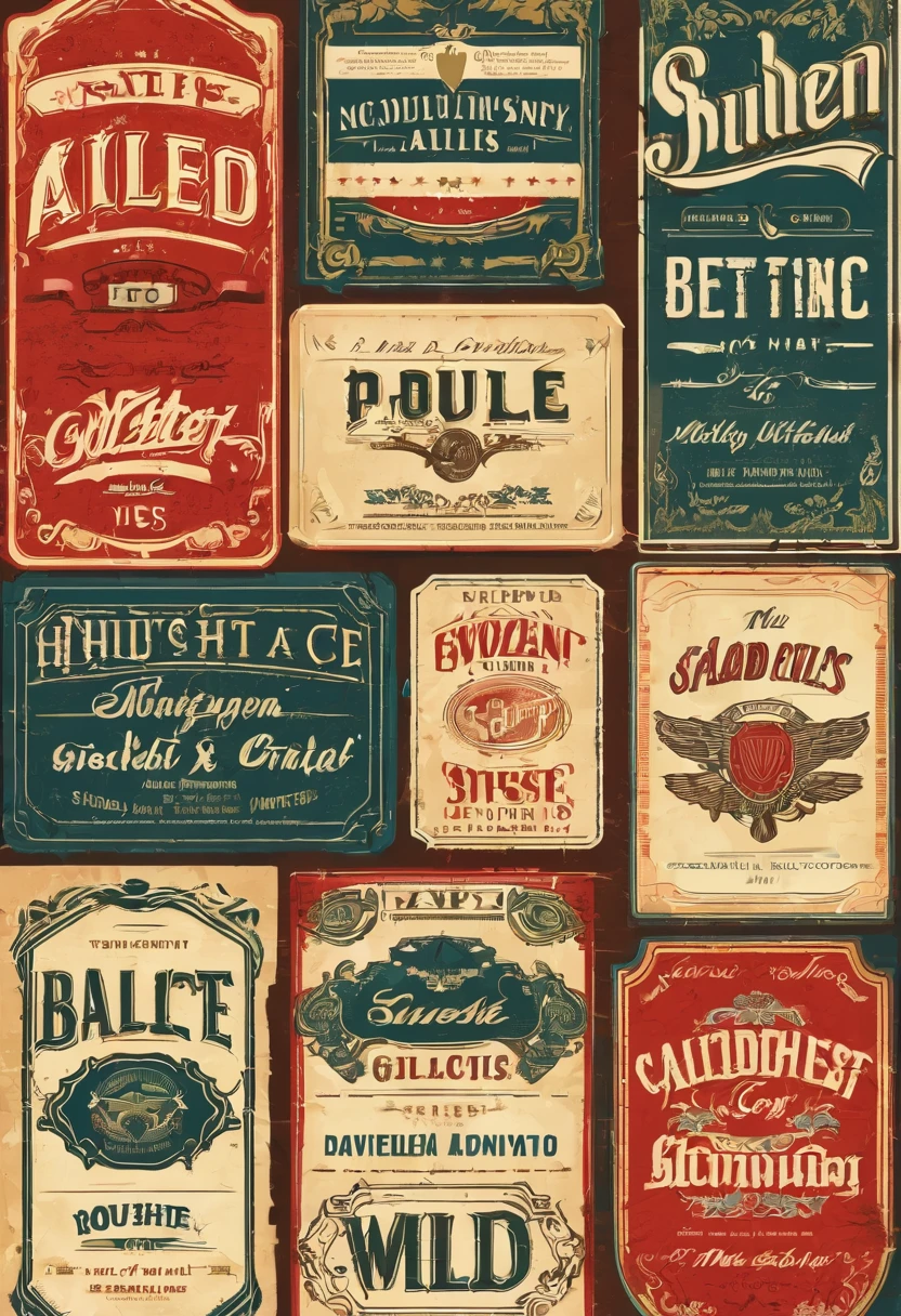 Multiple aligned vintage labels