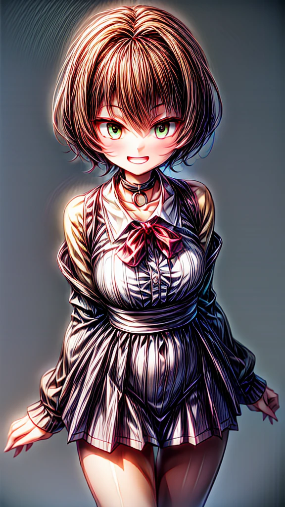 masterpiece, Highest quality, Highest quality, One girl, alone, View your viewers, , Tezuka Rin, (Amputee without an arm:1.2), Brown Hair, collar, collared shirt, (double amputee:1.2), Green Eyes, katawa shoujo, Red tie, shirt, short hair, alone, white shirt, Rozhkin, Grin, Accurate teeth with gaps