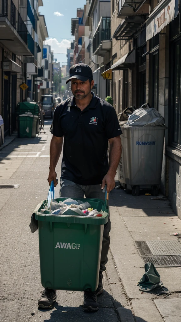 8k, RAW photo, best quality, masterpiece,realistic, photo-realistic, HDR, Create an AI-generated image depicting a garbage collector working in a city environment, emptying bins.