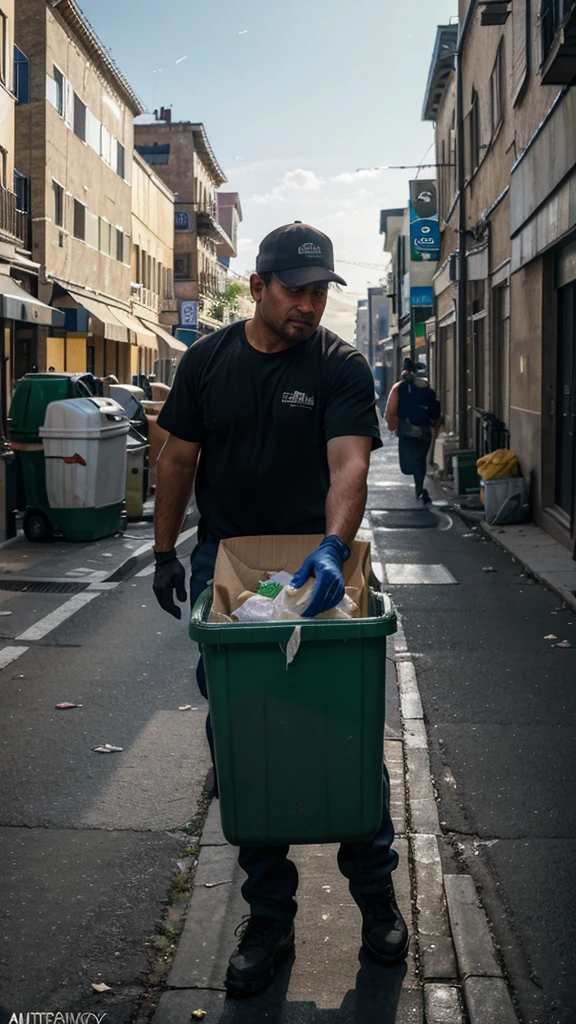 8k, RAW photo, best quality, masterpiece,realistic, photo-realistic, HDR, Create an AI-generated image depicting a garbage collector working in a city environment, emptying bins.
