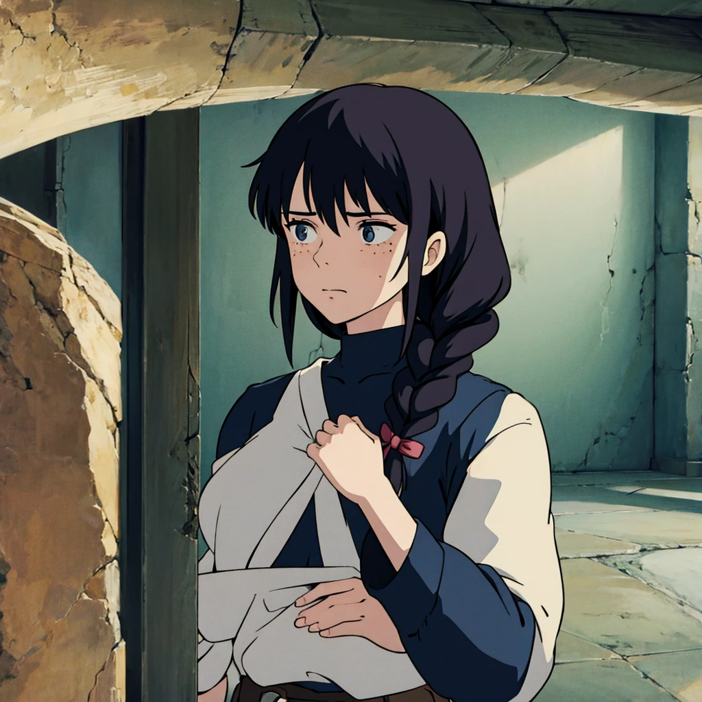 " attack on titan screencap of a woman with freckles black long wavy hair tied in a plait, wearing a black shirt with chest straps she's with a man with black hair. in the underground with blue cristal columns. MAPPA studios season 4 screencap"