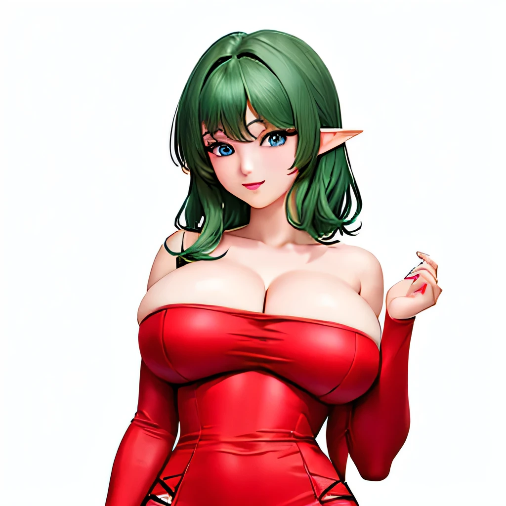 ((masterpiece,best quality,ultra-delicate,Perfect Face,16k,high resolution,very beautiful girl)),from above:1.3,Medium short green hair:1.2, Red strapless bodycon tube dress ,Red long arm sleeves,outstretching arms,Elf Girl,((huge Breasts:1.3)),blue eyes,Beautiful smile,20 years old,bedroom