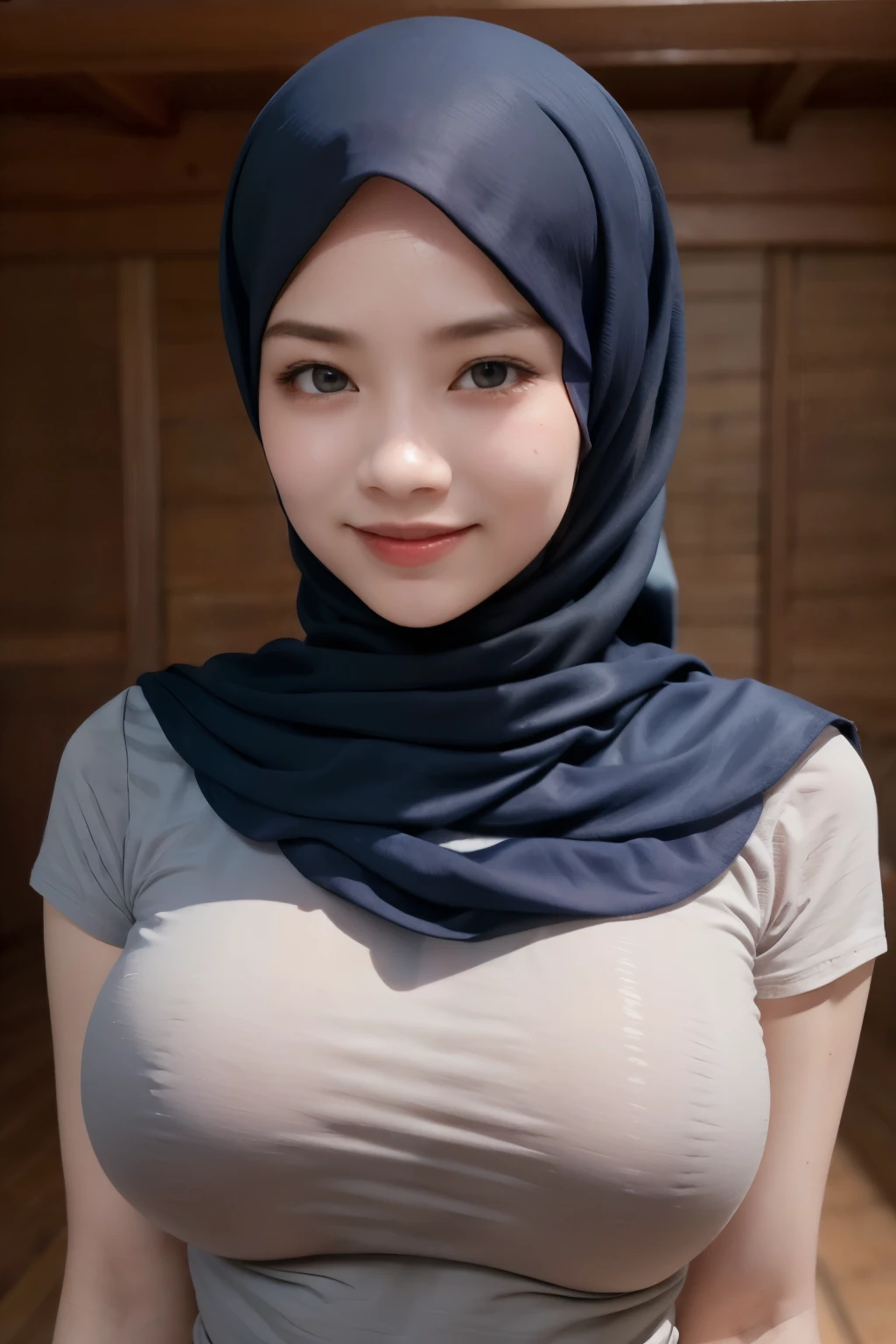 adorable, 1 girl, (face to face), , baby face, hf body portrait, (face details: 1), (eye details: 1), ((big breasts)). wearing light blue long shirt, hijab, .. Cute posed. proportional body. Ultra High Res. realistic: 1.4, UHD