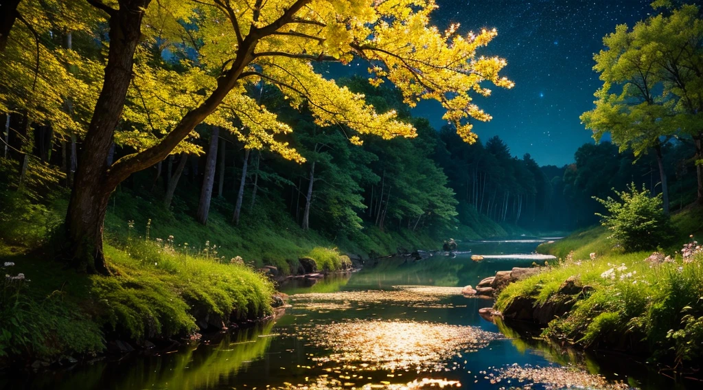 forest、evening、A stream flowysterious、You can see the starry sky、Beautiful flowers are blooming、Painting style、Cinematic、Cinematic、high resolution、8K。