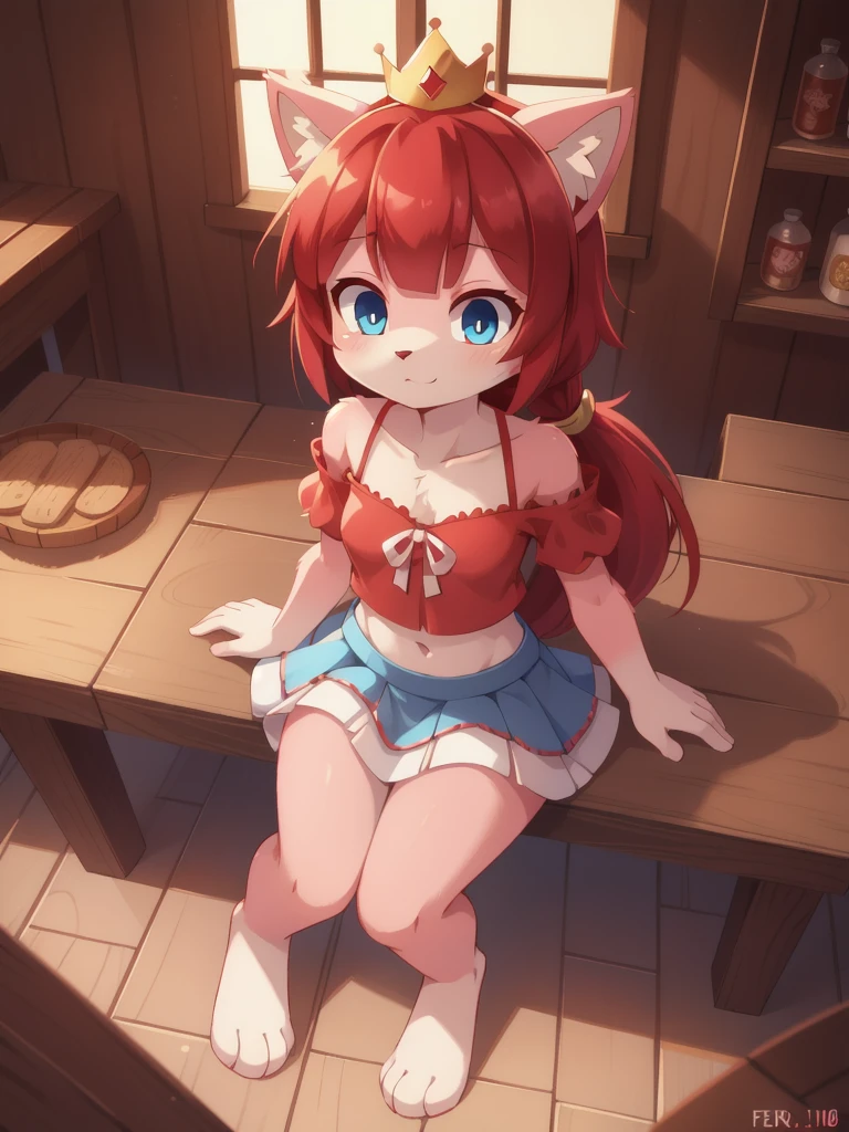 furry girl, cat, red hair, Knight bangs hairstyle, long ponytail, anime style, medium breasts, blue eyes, ((nude, pussy)), high quality, detailed body, detailed eyes, detailed face, masterpiece, glistening body, detailed body fur, best quality, two tone body, pink fur, clear pink fur, perfect lighting, perfect shadows, perfect eyes, perfect hair, perfect face, gorgeous body, skinny, aeghao, tongue out, sitting, tavern, skinny, looking at viewer, full body, feets with three toes, 3 toes, score_9,score_8_up,score_7_up, source_cartoon, source_furry, glowing blue eyes, from above, motion blur,