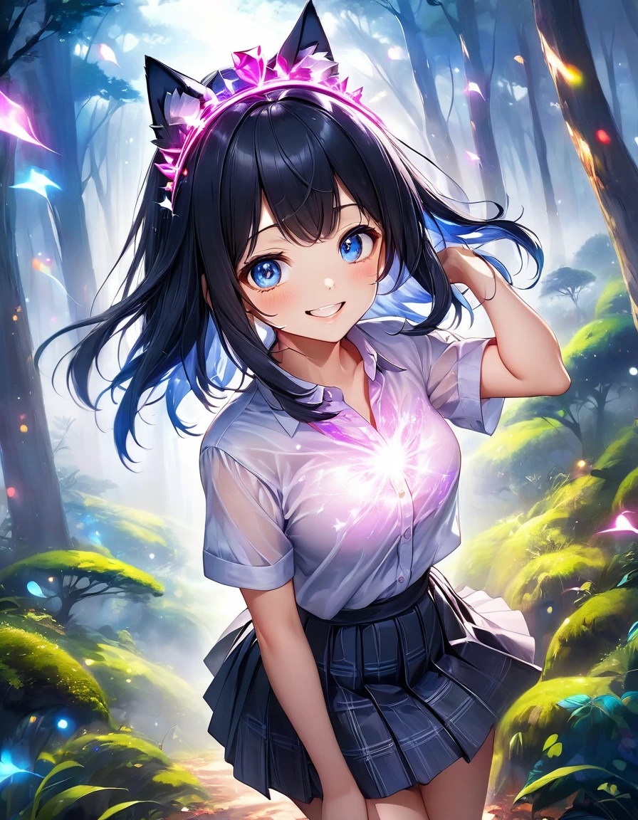 High angle view of an exuberant girl Sasuke com asas pink neon brilhantes, her espetado com gel cut black hair adorned with shiny bangs and eyes sparkling with blue magic, smile revealing the joy of her soul, wearing a flannel shirt and skirt, her head crowned with playful wolf ears, standing amidst an enchantingly mystical forest, envision this scene as anime created in the style of a digital oil painting, lights gently seeping through the cinematic mist and splayed across this eth