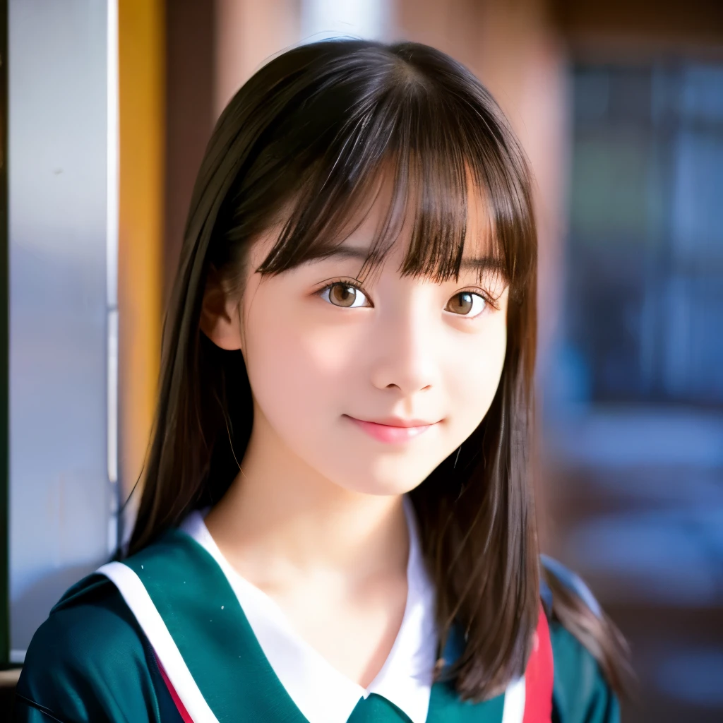 masterpiece、highest quality、8K、Japanese、11 years old、An attractive and well-groomed face、beautiful girl、Flat chest、(uniform:White and green)、Full body description、Well-formed eyes、sit、An attractive and well-groomed face、Detailed eyes、Detailed nose