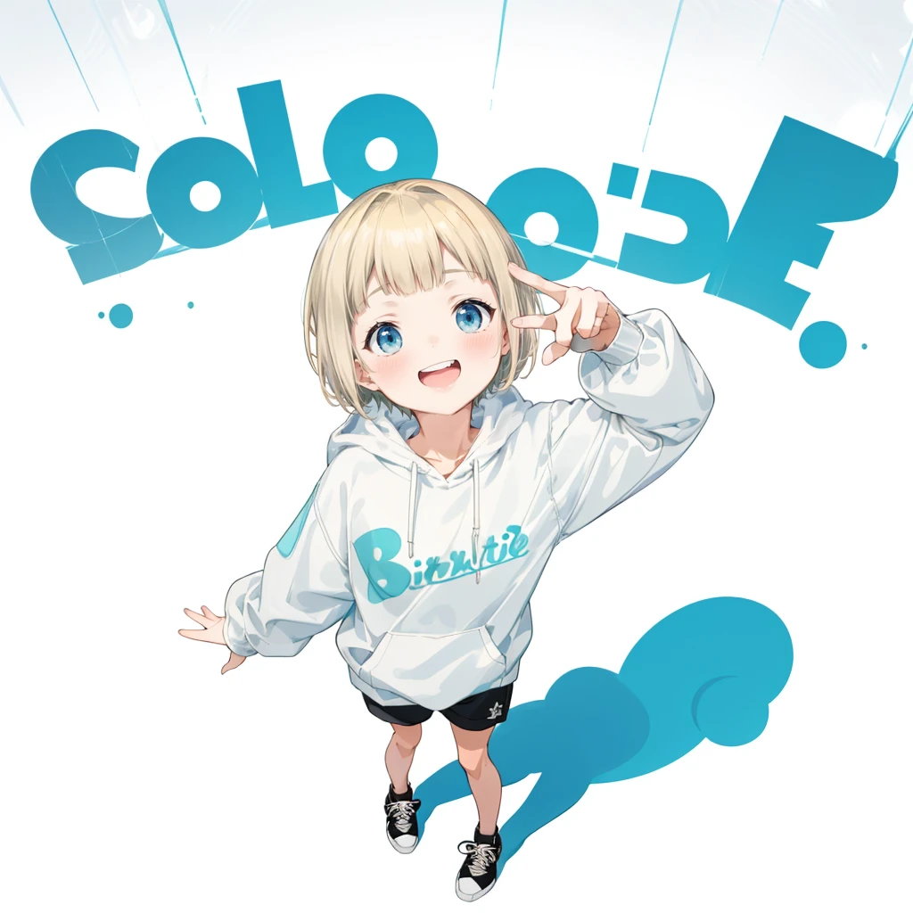 First Job, Better Quality, 1. garota Laughter, Short Mash Hair、Short Hair、Blonde Hair Color、Turquoise Eyes、White hoodie、Black hot pants、Black sneakers、, Little , Little, Laughter (Solo Girl)、Looking up、The camera is from above、The front hair is straight、Please draw the fingers in detail、Fingers５Book