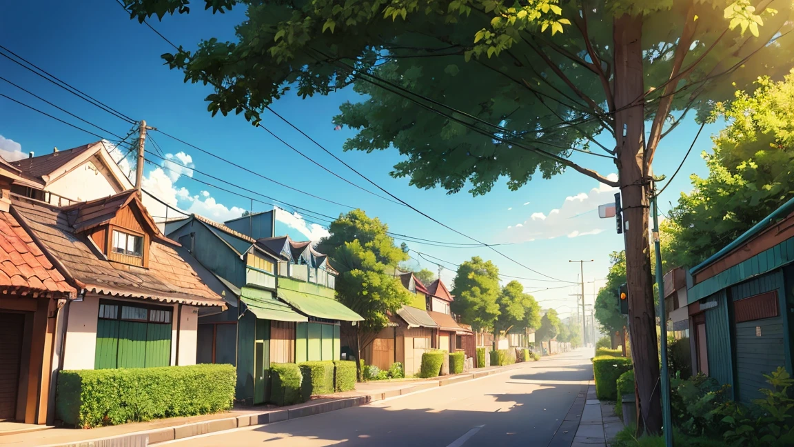 A cartoon empty green themed street with road in the middle and stationary cars