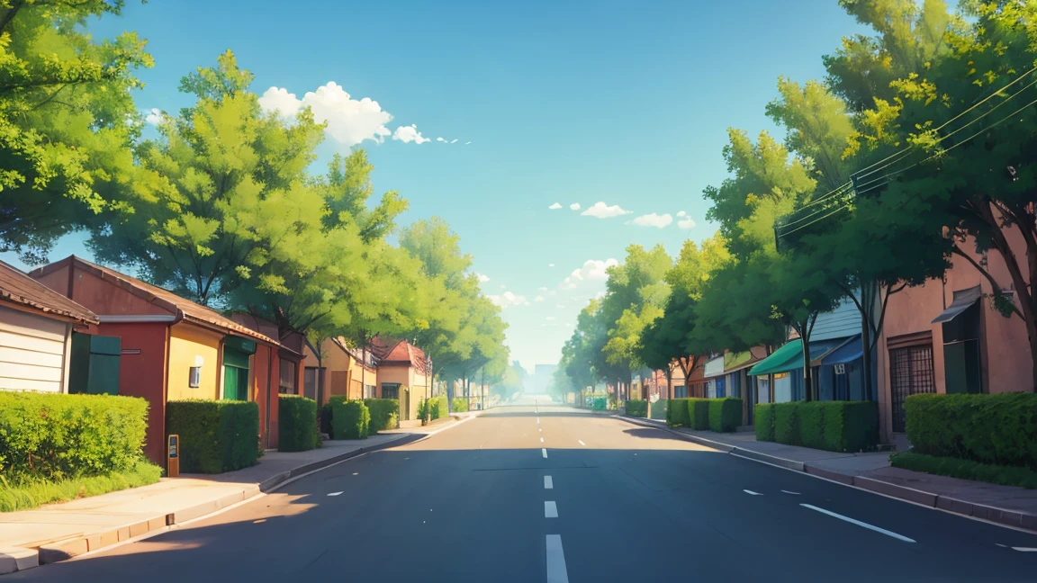 A cartoon empty green themed street with road in the middle and stationary cars 