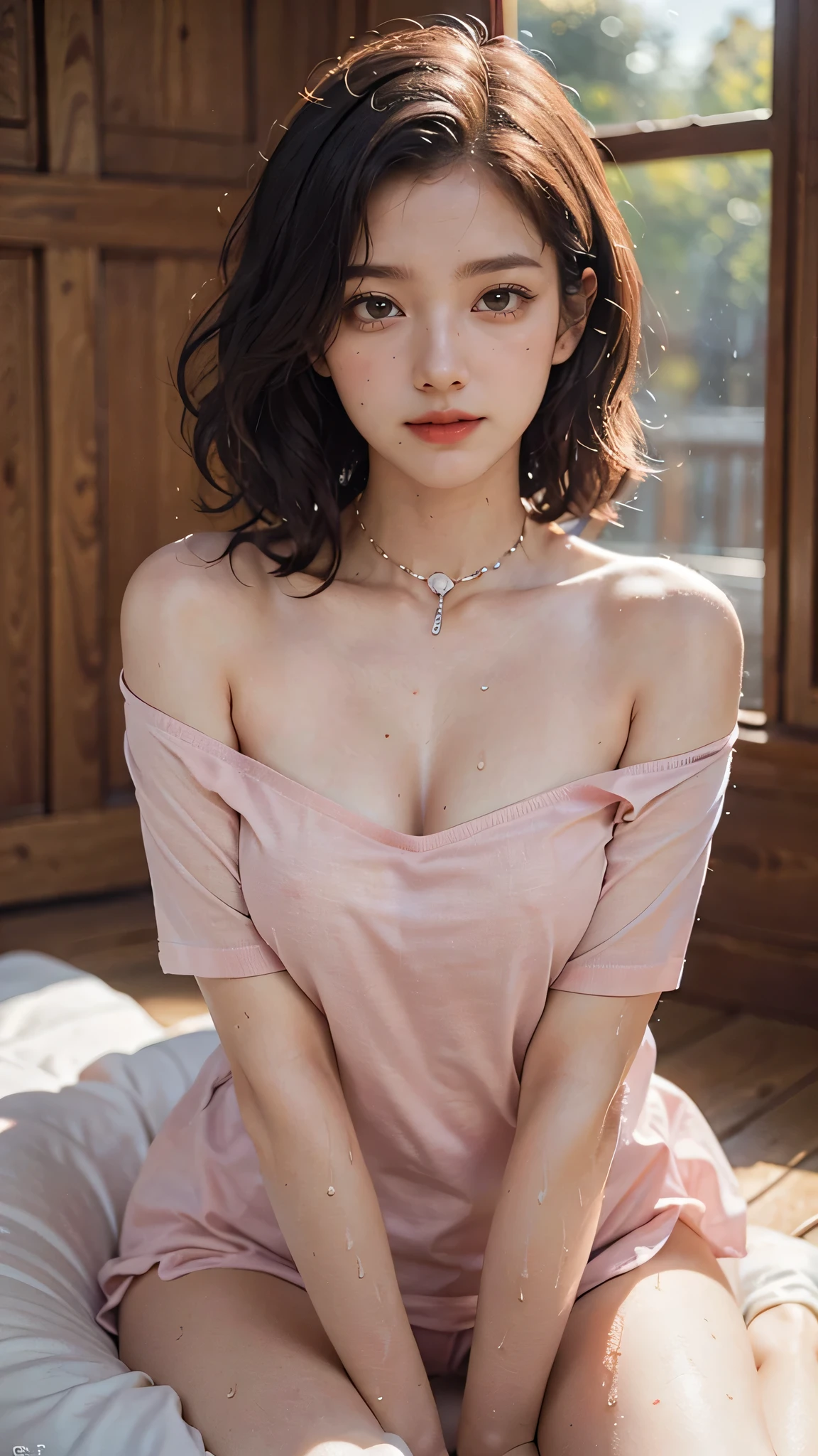 film photography, 1girl, pink shirt with collar, wet skins, seductive smile, medium breast, full body, drunk blush:1.5, wavy shoulder-length hair, serene, calm, (realistic detailed eyes, natural skin texture, realistic face details), soft dramatic lighting, depth of field, bokeh, vibrant details, finely detailed, hyperrealistic, indoor