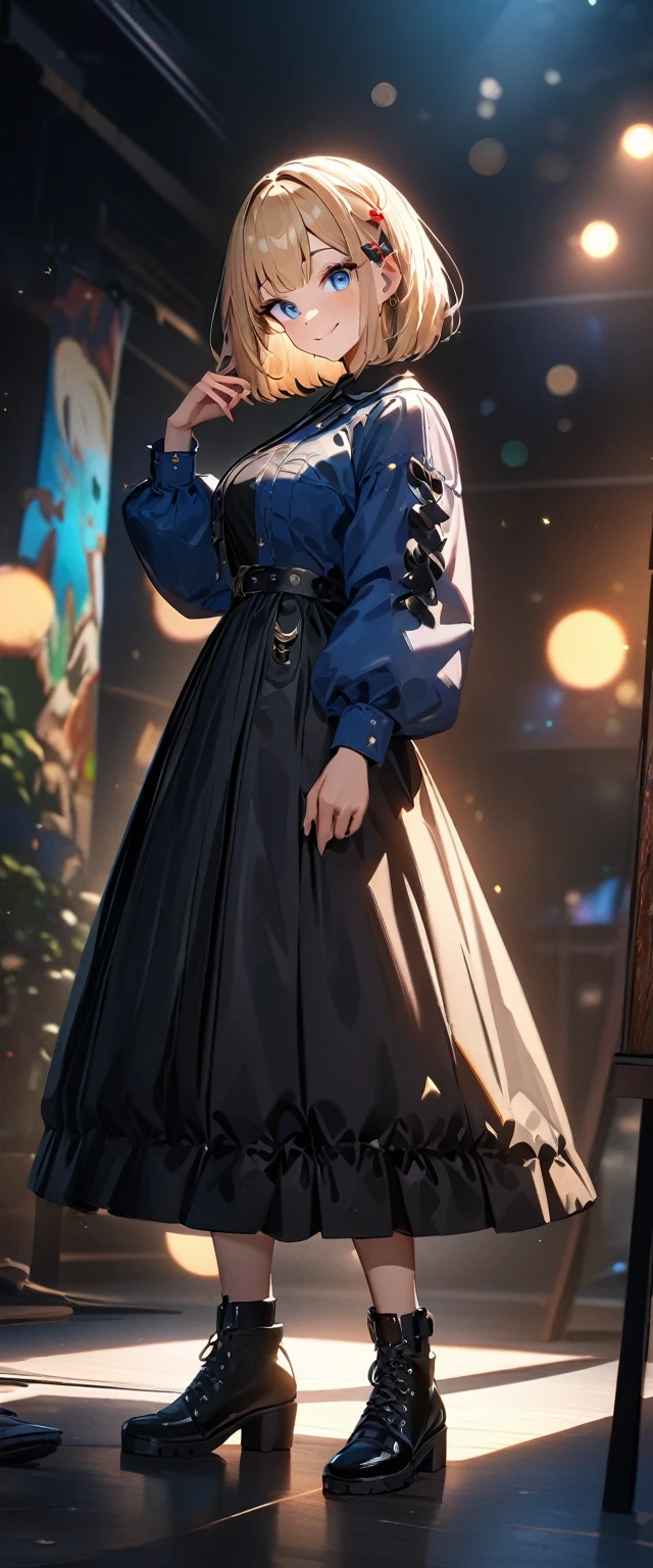 (((One girl))), Shibuya, streat, blond hair, bob cut, (looking at viewer), (((full body))), breasts, teenager, head tilt:1.3, (((blue eye))), constricted pupils, (from side:1.3), ((happy smile)), gothic lolita:1.3, hair ornament, hair ribbon, anime style, (best quality, 4k, 8k, highres, masterpiece:1.2, ultra-detailed, ultra-detailed eyes, HDR, UHD, studio lighting, ultra-fine painting, sharp focus, physically-based rendering, extreme detail description, professional, vivid colors, bokeh)