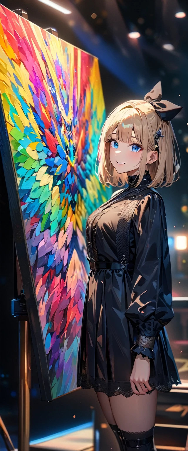 (((One girl))), Shibuya, streat, blond hair, bob cut, (looking at viewer), (((full body))), breasts, teenager, head tilt:1.3, (((blue eye))), constricted pupils, (from side:1.3), ((happy smile)), gothic lolita:1.3, hair ornament, hair ribbon, anime style, (best quality, 4k, 8k, highres, masterpiece:1.2, ultra-detailed, ultra-detailed eyes, HDR, UHD, studio lighting, ultra-fine painting, sharp focus, physically-based rendering, extreme detail description, professional, vivid colors, bokeh)