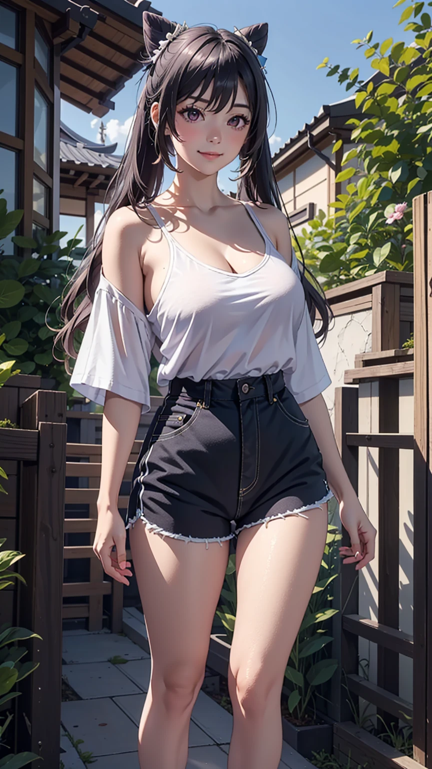 (Keqingrnd), masterpiece, narrow waist,large breast, blush, detail body, outdoor, detail eyes, cg, (white shirt), standing, smile, (from front), dolphin shorts, crop shirt, oversize shirt, cleavage