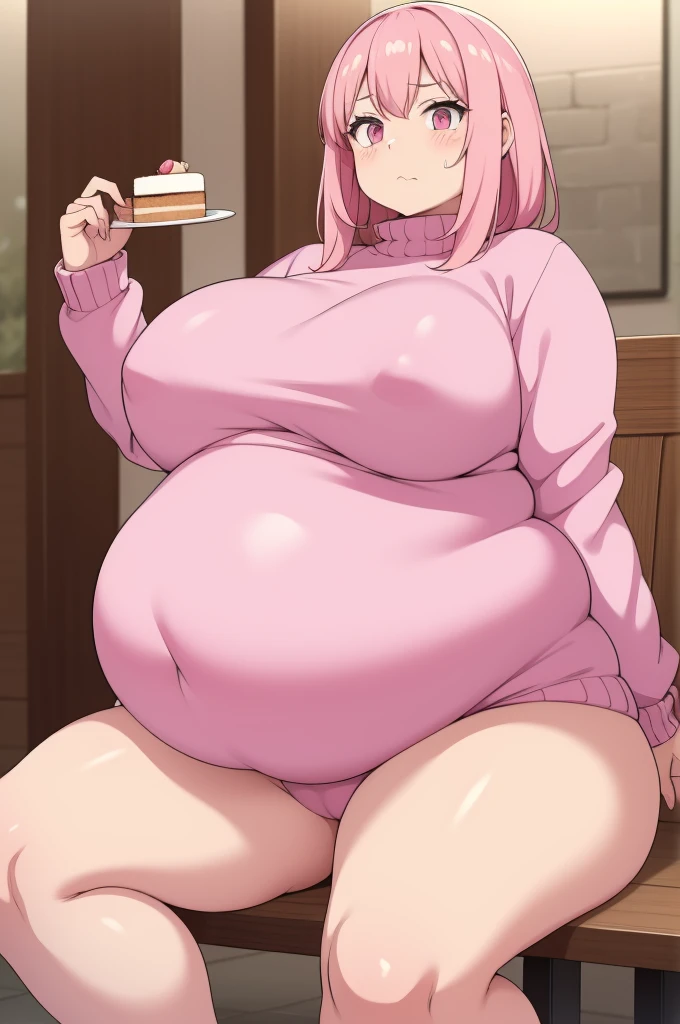 cute soft anime woman, shy, sweet fluffy girlfriend, mature, big breasts, wearing a sweater, fat, wide hips, soft, fat, chubby, pink hair, tall, shy. pink sweater. obese, sitting in a restaurant, eating a large cake, belly stuffing, full, gluttony, eating, thick thighs, wide hips. curvy. plump.