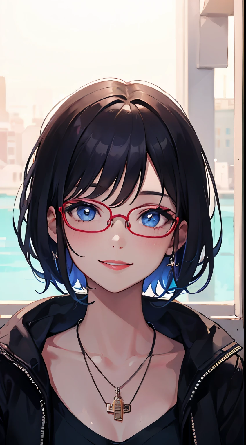 1girl, masterpiece, best quality, ultra detail, short straight black hair, pink lips, blue eyes, smiling, red cheek, looking at viewer, young, necklace, medium breasts, glasses, midriff, crop top,