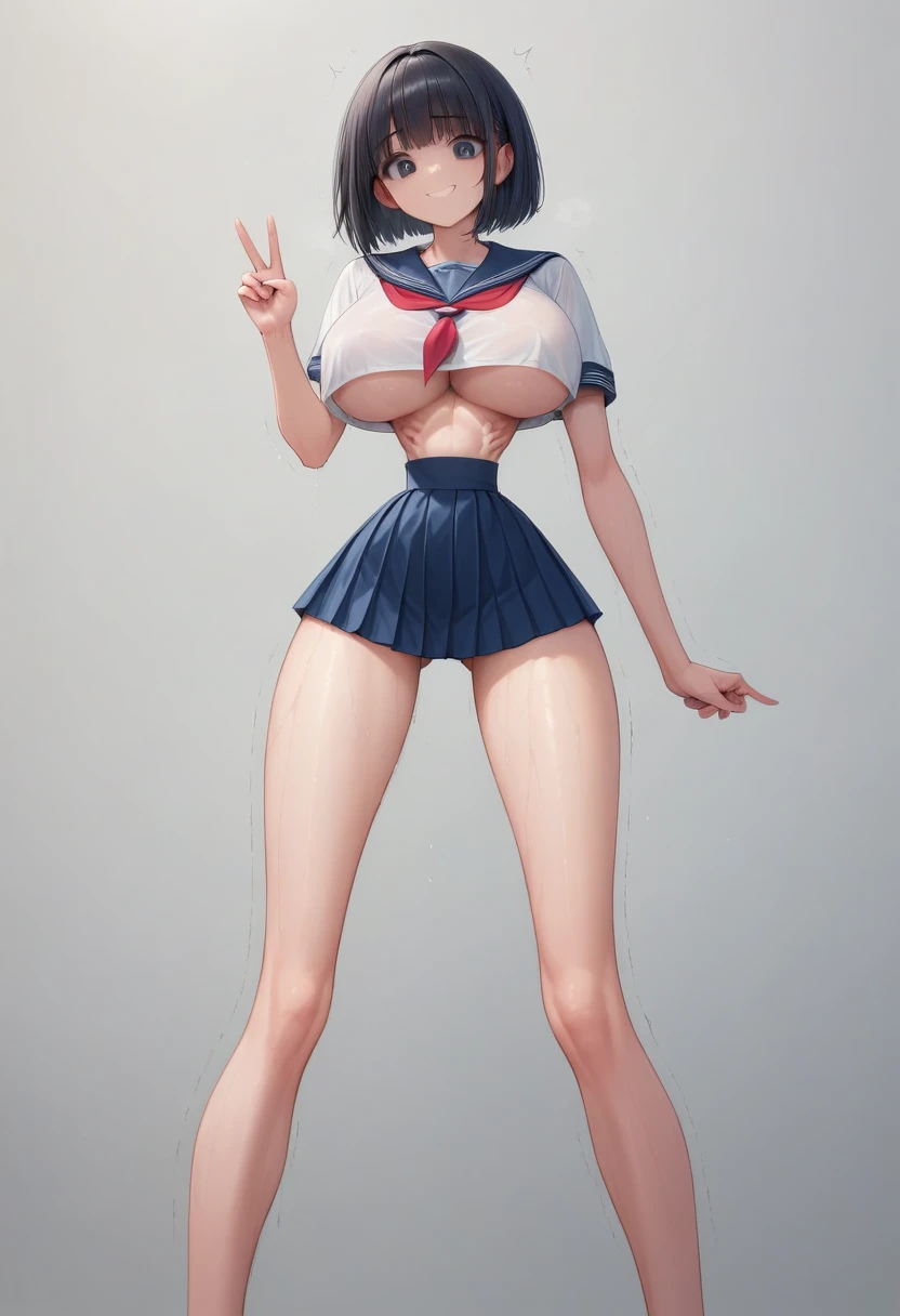 (masterpiece, best quality:1.5), front shot, 1girl, kawaii, (super big breasts, micro waist, very long legs:1.4), Black hair, short bob hair, short height, scrawny and thin body, Light Skin, cute big eyes, cute beautiful thin face, bitter smile, serafuku, pigeon-toed, wet and sweaty, visible ribs, V sign, Trembling