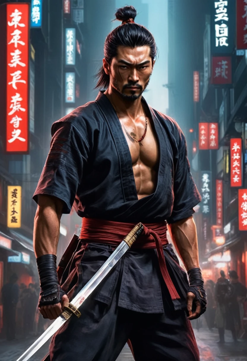 best quality，Ultra-fine, Samurai male, (pulling Japanese sword from sheath on waist), fighting，Dodge，avoid，lifelike,, katana illustration, (pulling Japanese sword from sheath on waist), muscular or broad chest BREAK (holding (katana sword:1.2)), (blade shimmering), (holding sword sheath) BREAK (cyberpunk style) hyperrealism, very detailed skin, 4k, inkpunk style, black and red, great lighting.