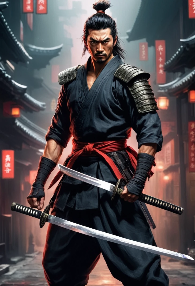 best quality,Ultra-fine, Samurai male, (pulling Japanese sword from sheath on waist), fighting,Dodge,avoid,lifelike,, katana illustration, (pulling Japanese sword from sheath on waist), muscular or broad chest BREAK (holding (katana sword:1.2)), (blade shimmering), (holding sword sheath) BREAK (cyberpunk style) hyperrealism, very detailed skin, 4k, inkpunk style, black and red, great lighting.