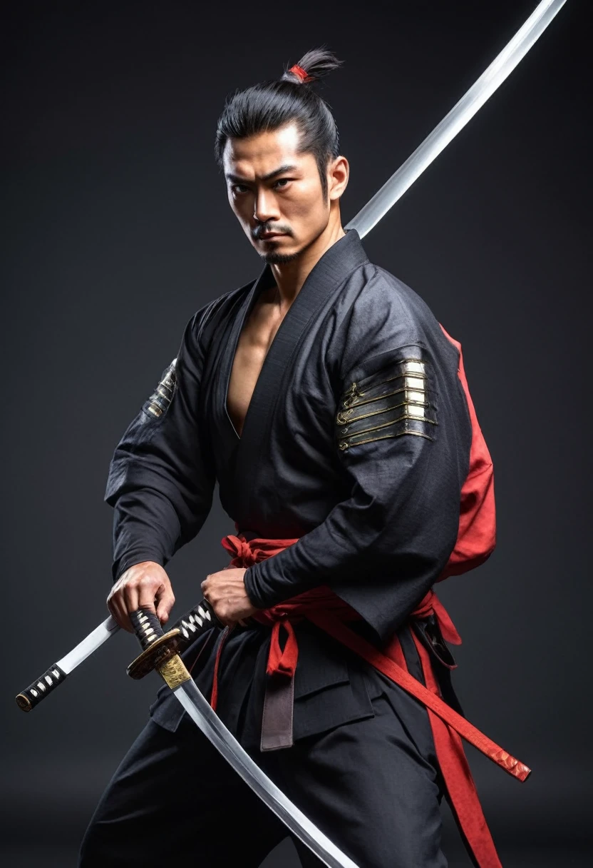 best quality，Ultra-fine, Samurai male, (pulling Japanese sword from sheath on waist), fighting，Dodge，avoid，lifelike,, katana illustration, (pulling Japanese sword from sheath on waist), muscular or broad chest BREAK (holding (katana sword:1.2)), (blade shimmering), (holding sword sheath) BREAK (cyberpunk style) hyperrealism, very detailed skin, 4k, inkpunk style, black and red, great lighting.