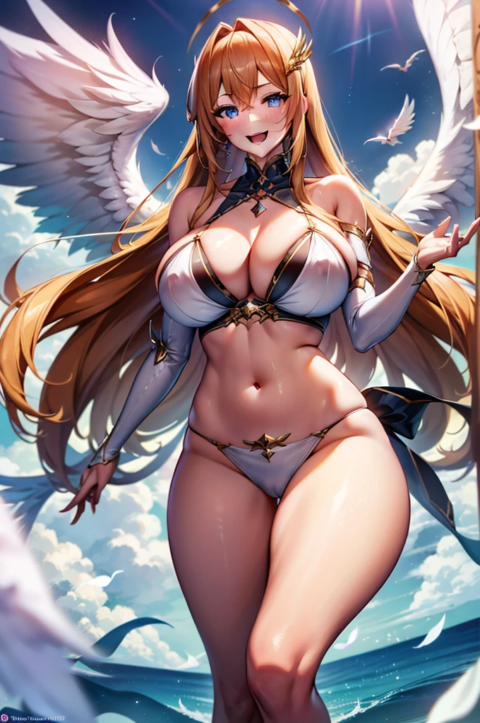 最high quality, high quality, 8K、High resolution,Highest quality、solo、胸に翼のある白いビキニ姿のtallのadult female angel、Very beautiful proportions、belly button、Thighs、tall、Adult woman in a white bikini, Archangel Style、super Wild Angel, A happy open-mouthed smile、Thighs、Naturally Shaped Fingers、Long neck、from the front、Looking at each other, our eyes met、belly button、Blonde hair and blue eyes、Majestic Angel, Anime Goddess, Wild Angel, thick, Beautiful and attractive anime woman, Huge and stunning goddess shots, Angel Adult Woman, adult female angel, She has angel wings on her back,Highly detailed goddess shot