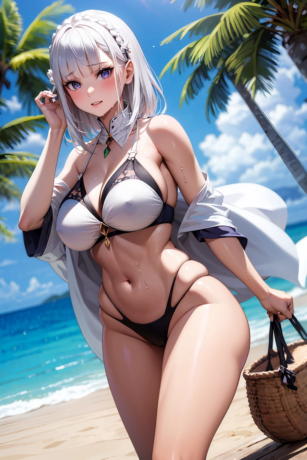 Emilia, white hair, posing, sexy, beach, big breasts, thick thighs, hot, thin bikini, wet, curvy, 